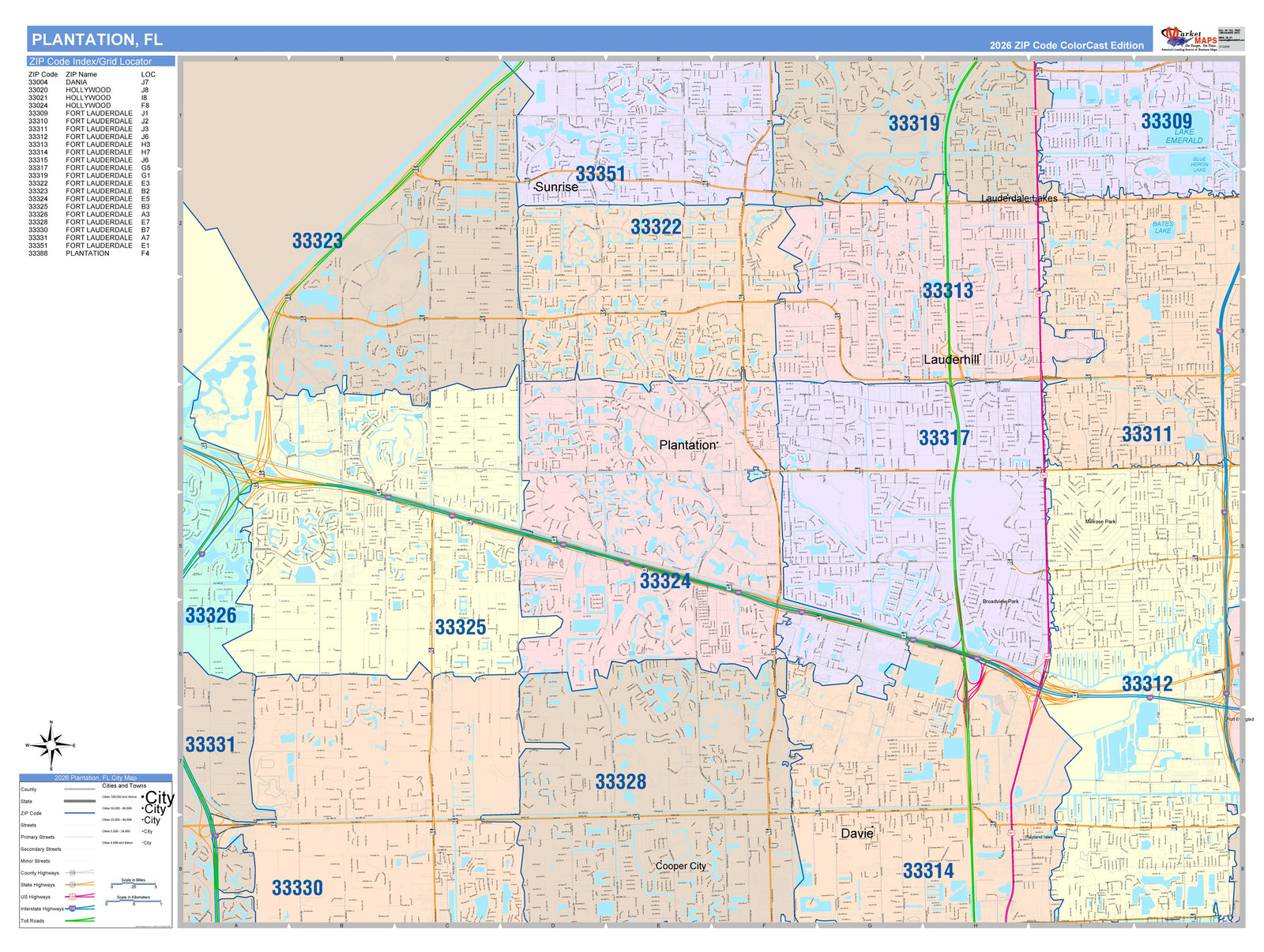 Color Cast Zip Code Style Wall Map of Plantation, FL