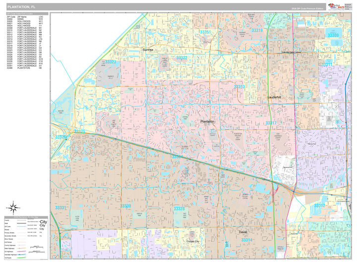 Premium Style Wall Map of Plantation, FL