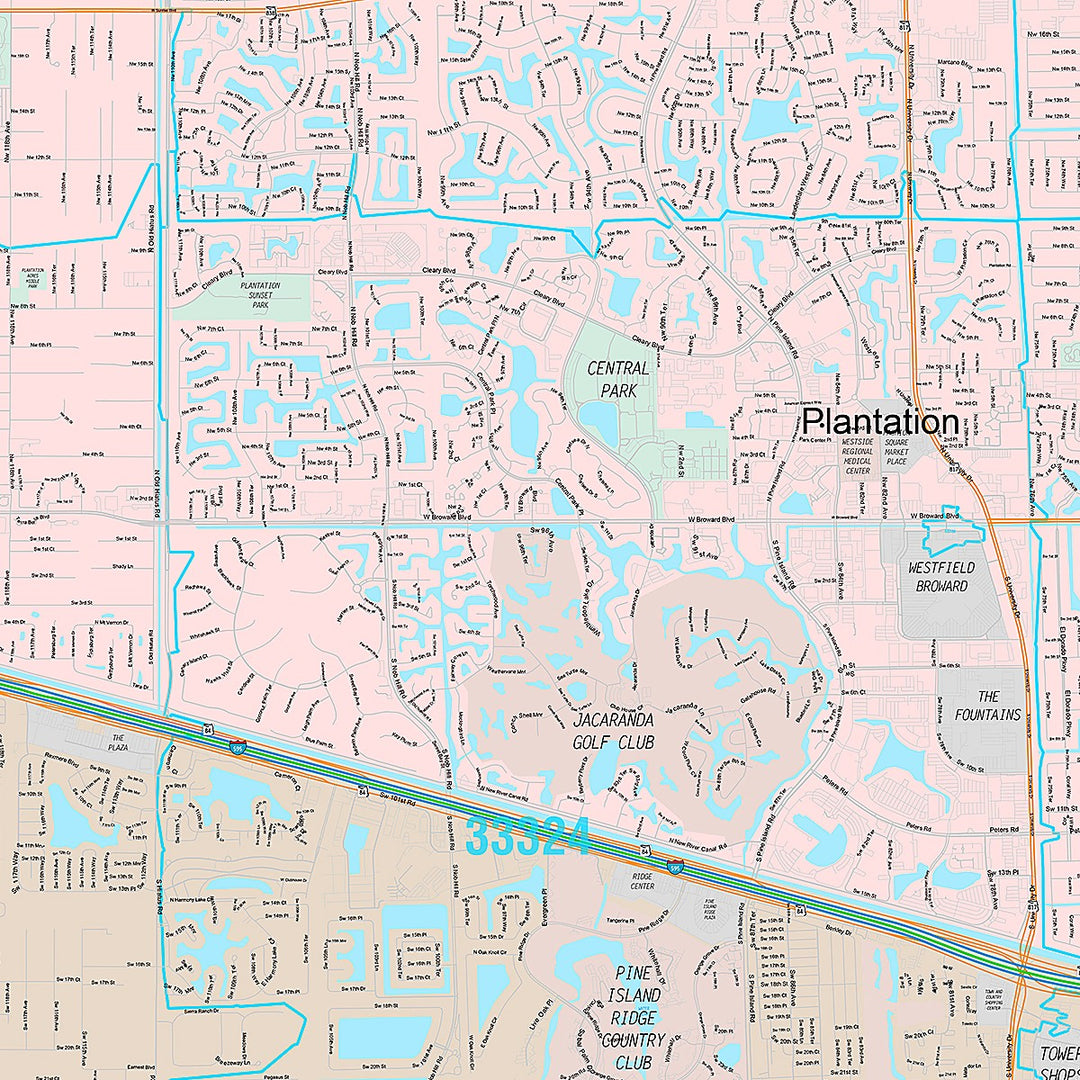 Premium Style Wall Map of Plantation, FL