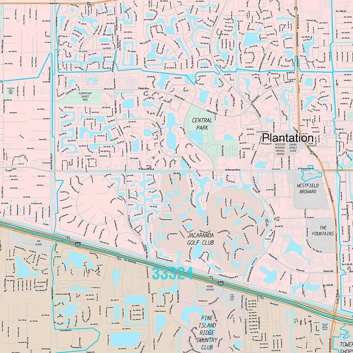 Premium Style Wall Map of Plantation, FL