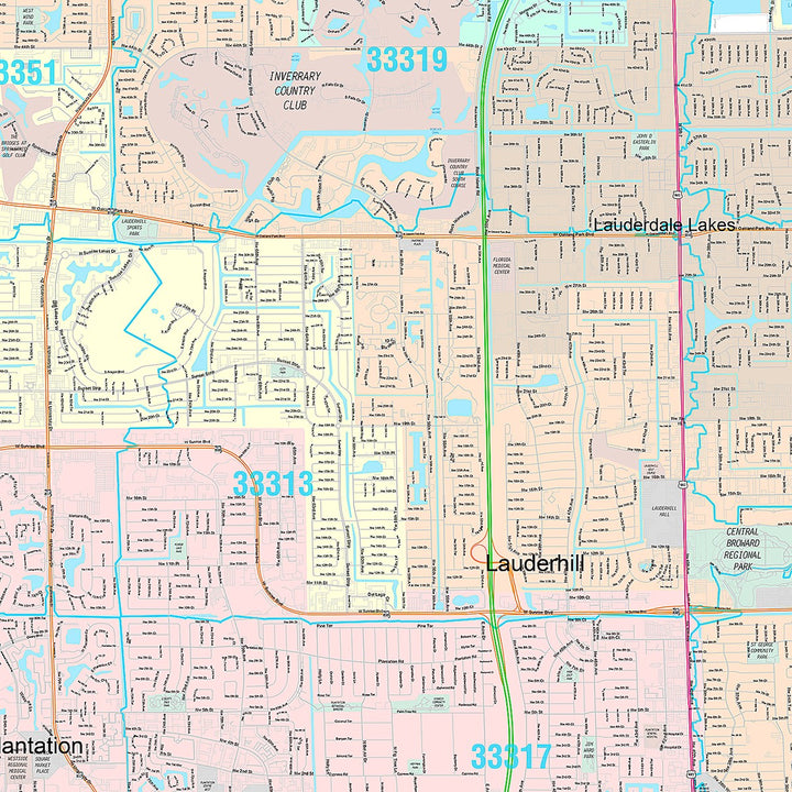 Premium Style Wall Map of Plantation, FL
