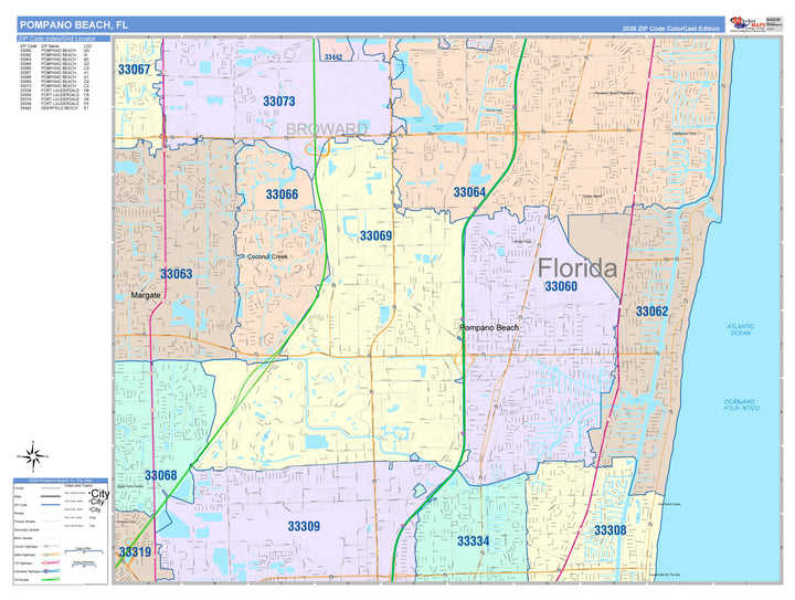 Color Cast Zip Code Style Wall Map of Pompano Beach, FL