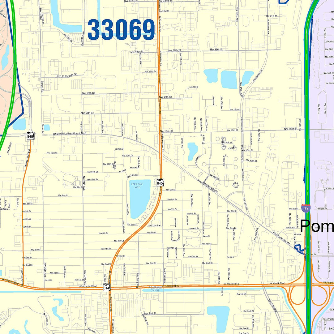 Color Cast Zip Code Style Wall Map of Pompano Beach, FL