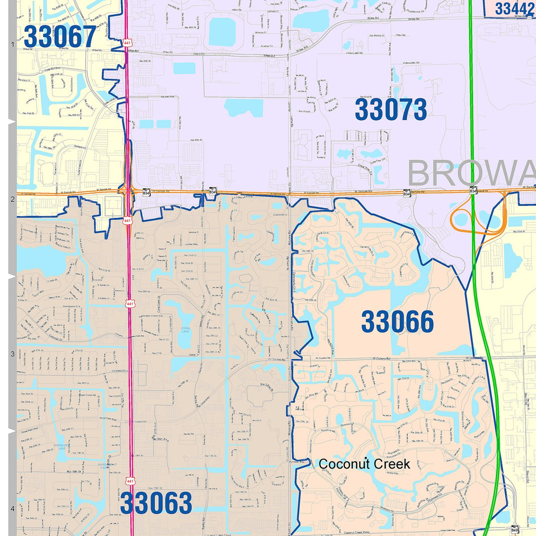 Color Cast Zip Code Style Wall Map of Pompano Beach, FL