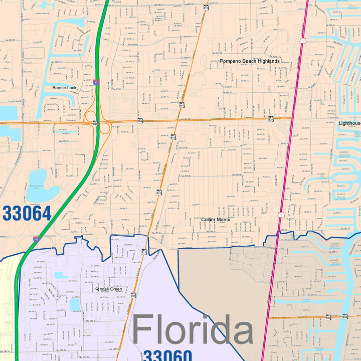 Color Cast Zip Code Style Wall Map of Pompano Beach, FL