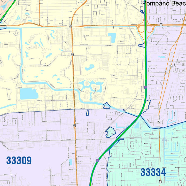 Color Cast Zip Code Style Wall Map of Pompano Beach, FL