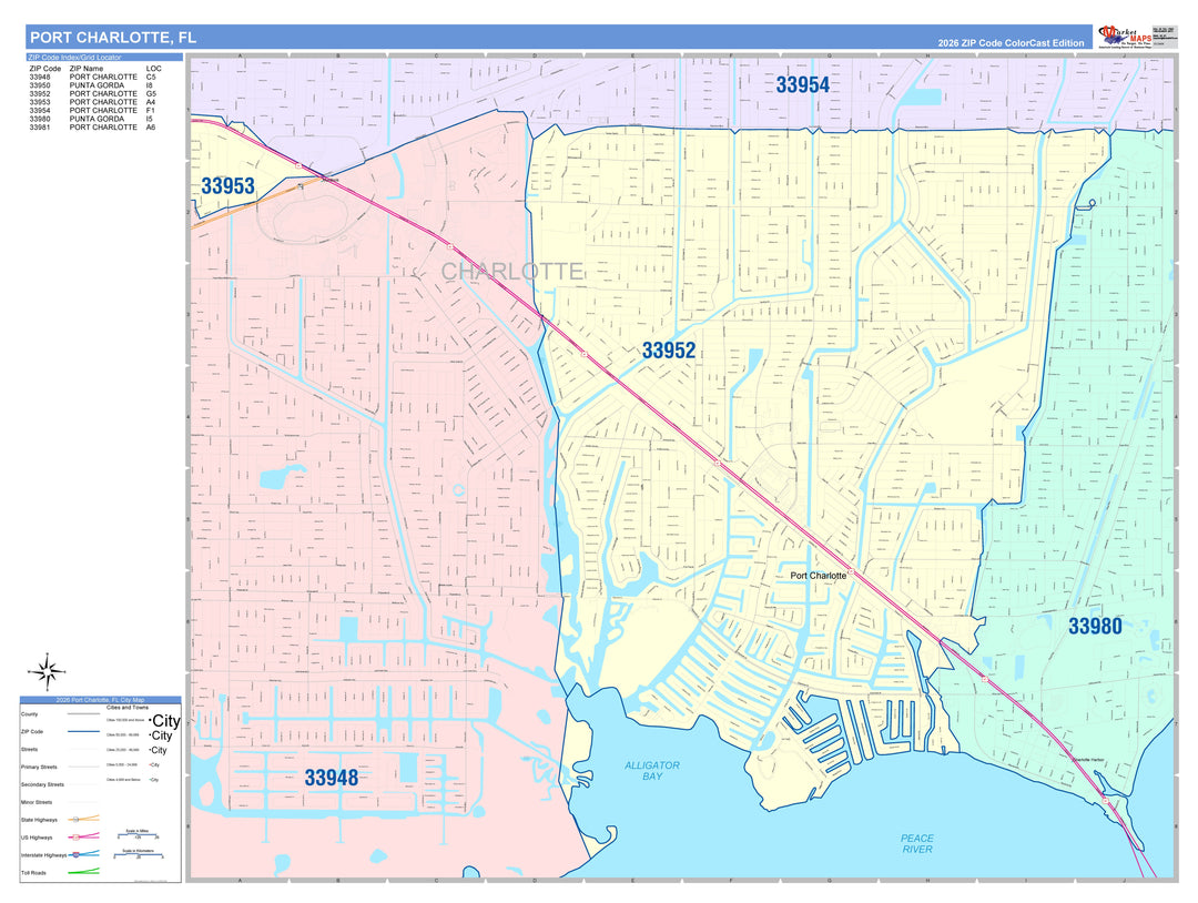 Color Cast Zip Code Style Wall Map of Port Charlotte, FL