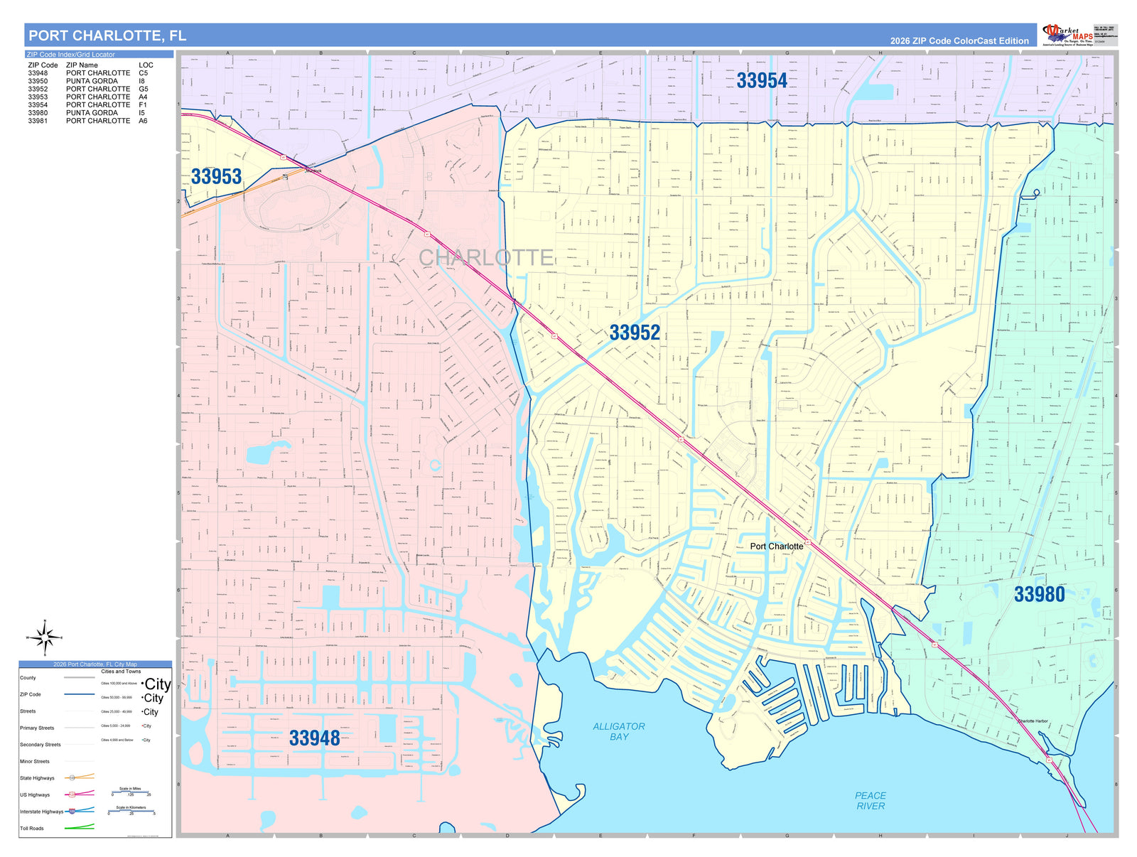 Color Cast Zip Code Style Wall Map of Port Charlotte, FL