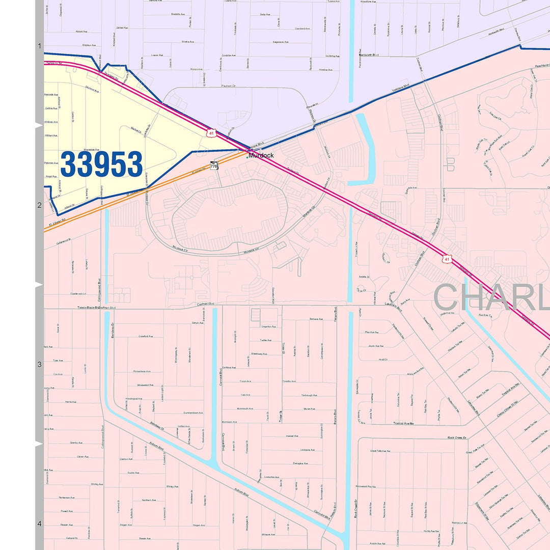 Color Cast Zip Code Style Wall Map of Port Charlotte, FL