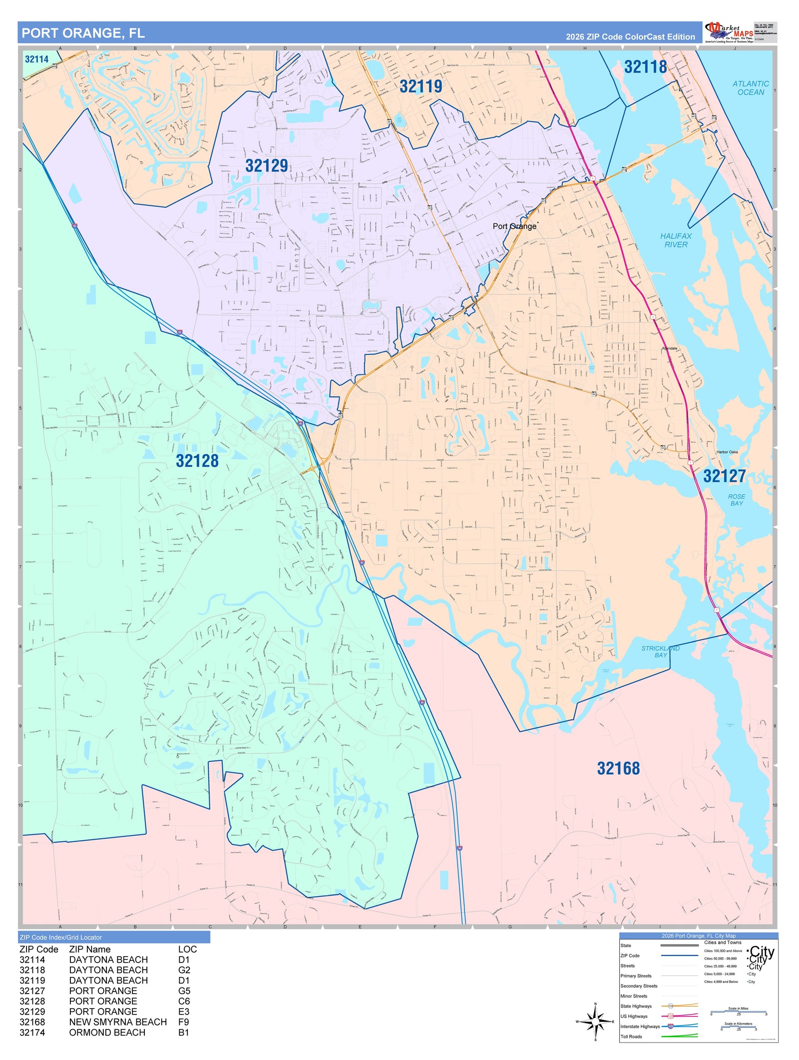 Color Cast Zip Code Style Wall Map of Port Orange, FL