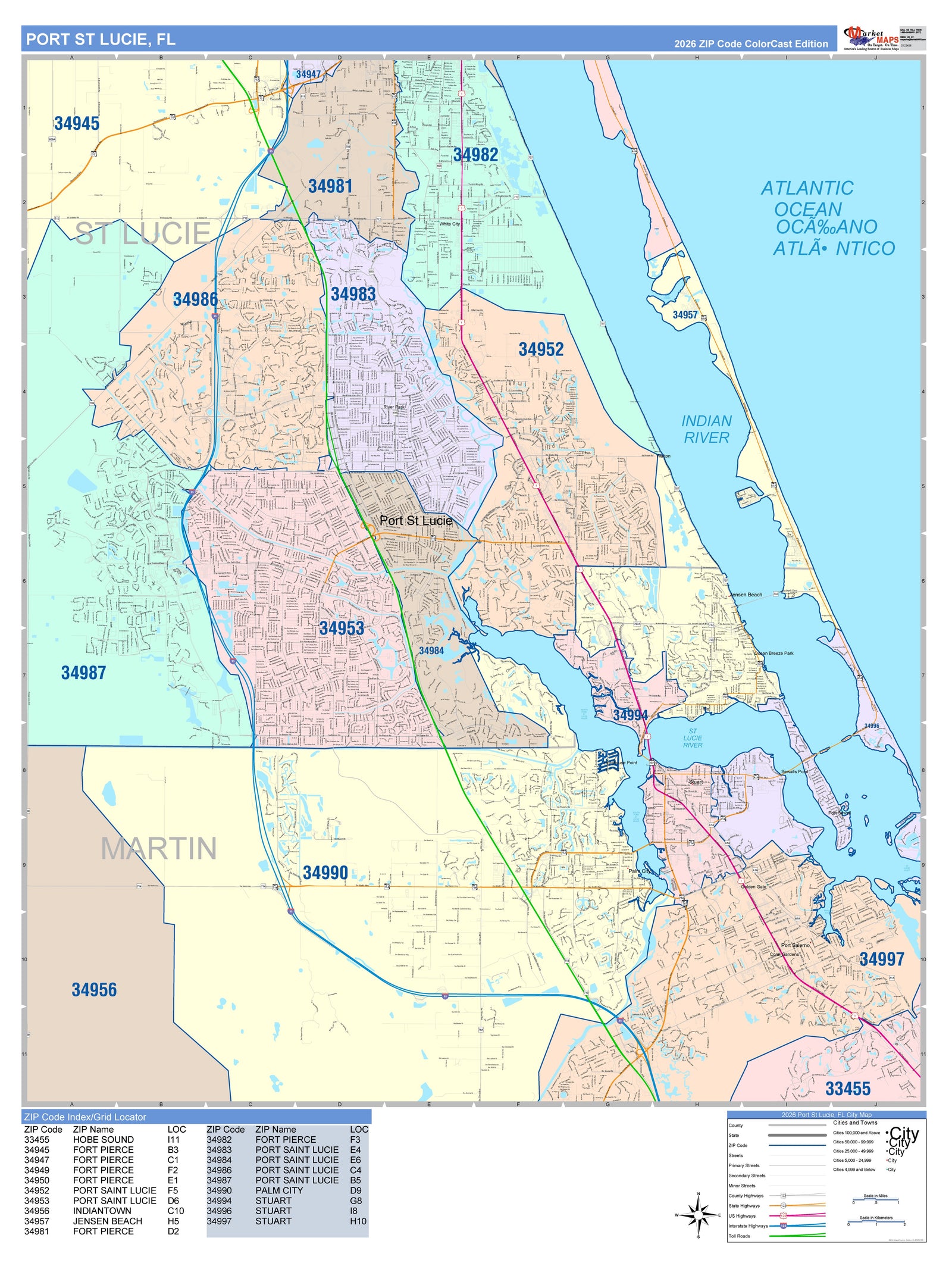 Color Cast Zip Code Style Wall Map of Port St. Lucie, FL