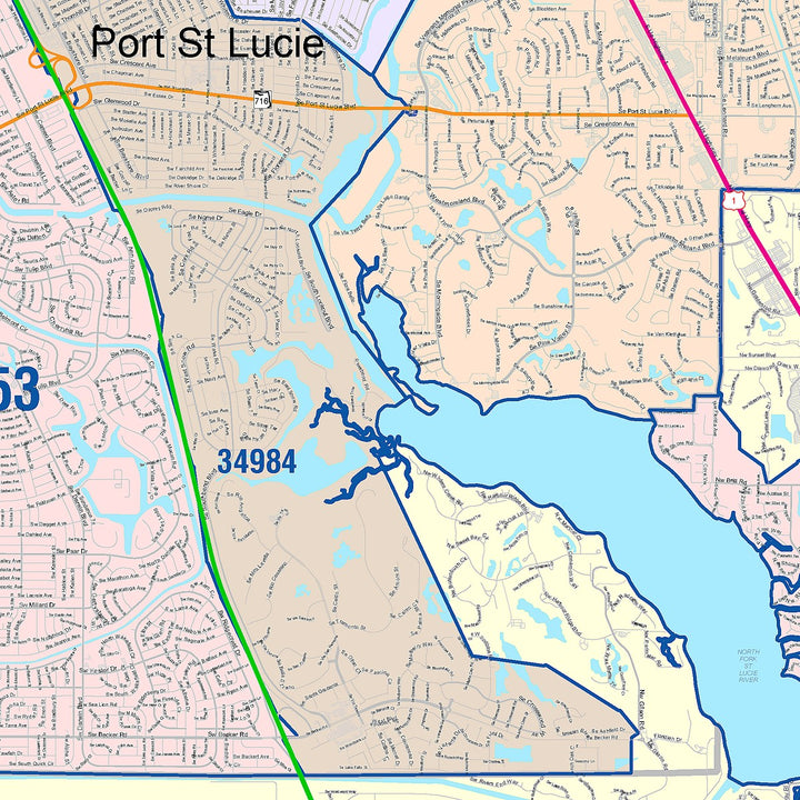 Color Cast Zip Code Style Wall Map of Port St. Lucie, FL