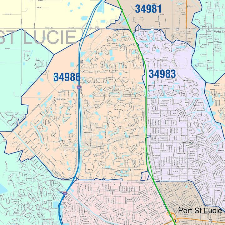 Color Cast Zip Code Style Wall Map of Port St. Lucie, FL