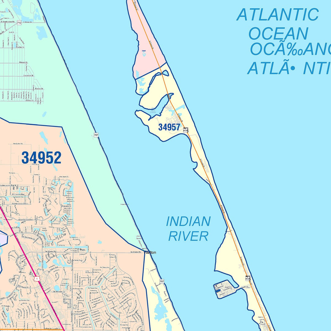Color Cast Zip Code Style Wall Map of Port St. Lucie, FL