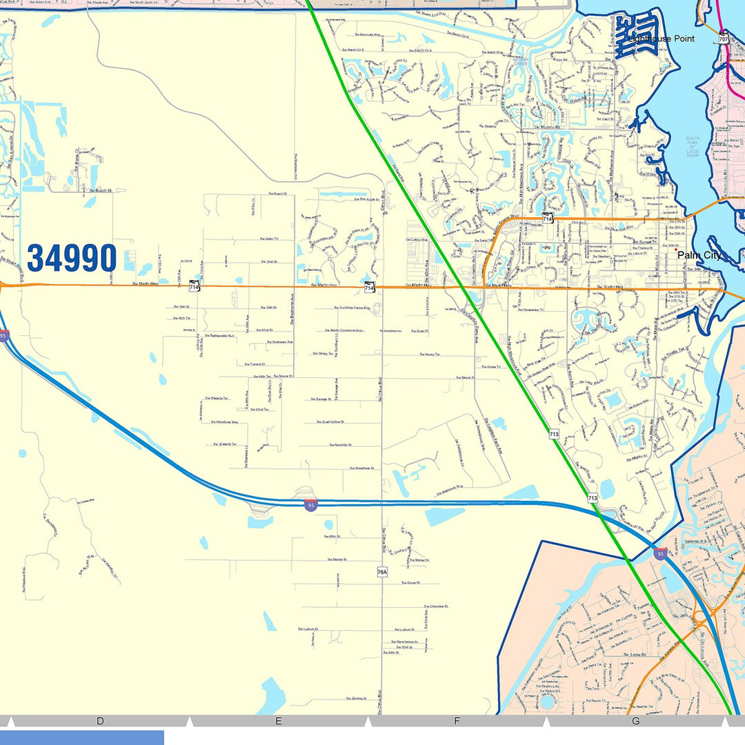 Color Cast Zip Code Style Wall Map of Port St. Lucie, FL