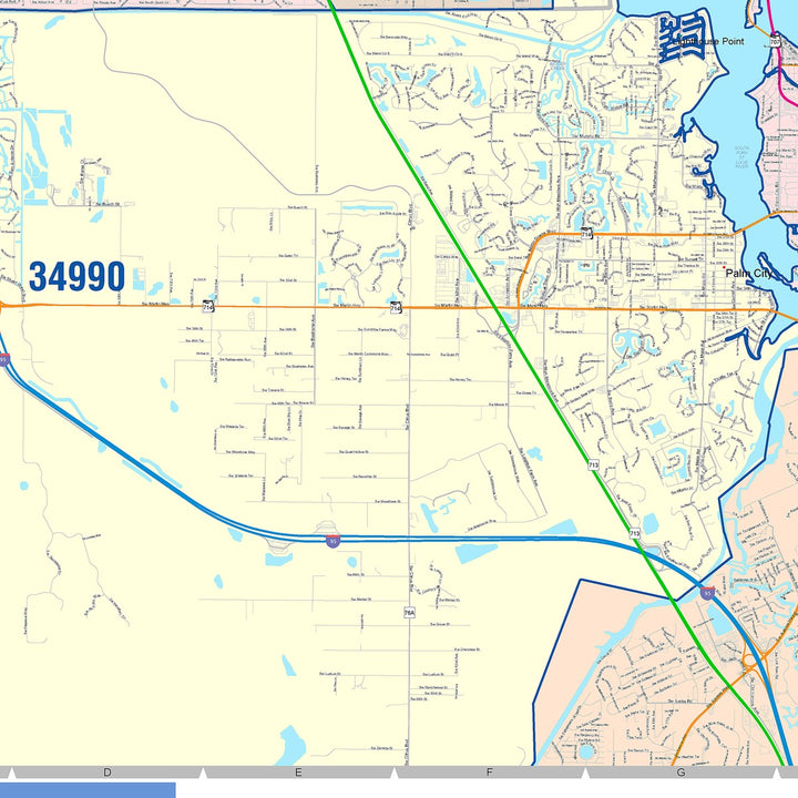 Color Cast Zip Code Style Wall Map of Port St. Lucie, FL