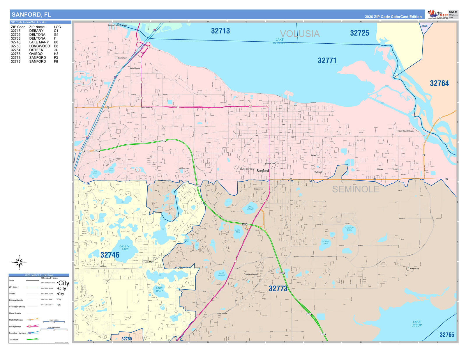 Color Cast Zip Code Style Wall Map of Sanford, FL