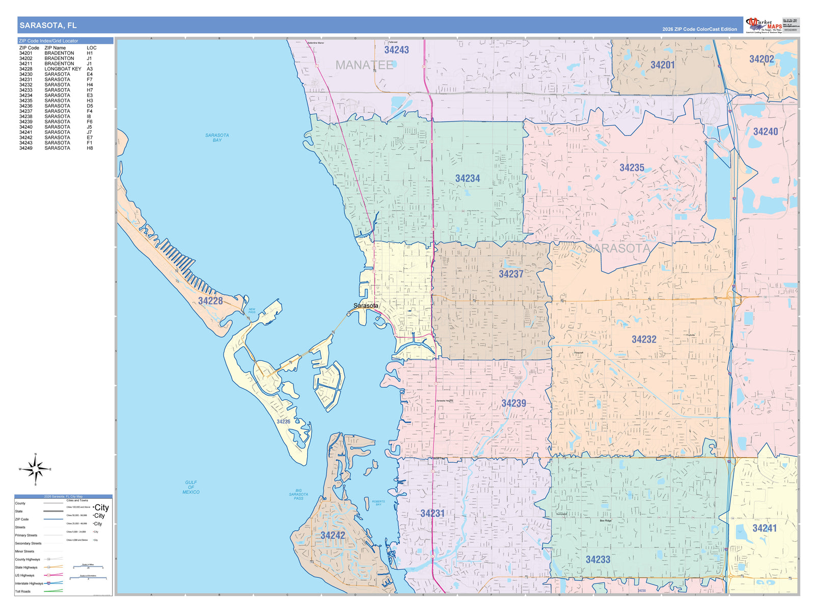 Color Cast Zip Code Style Wall Map of Sarasota, FL