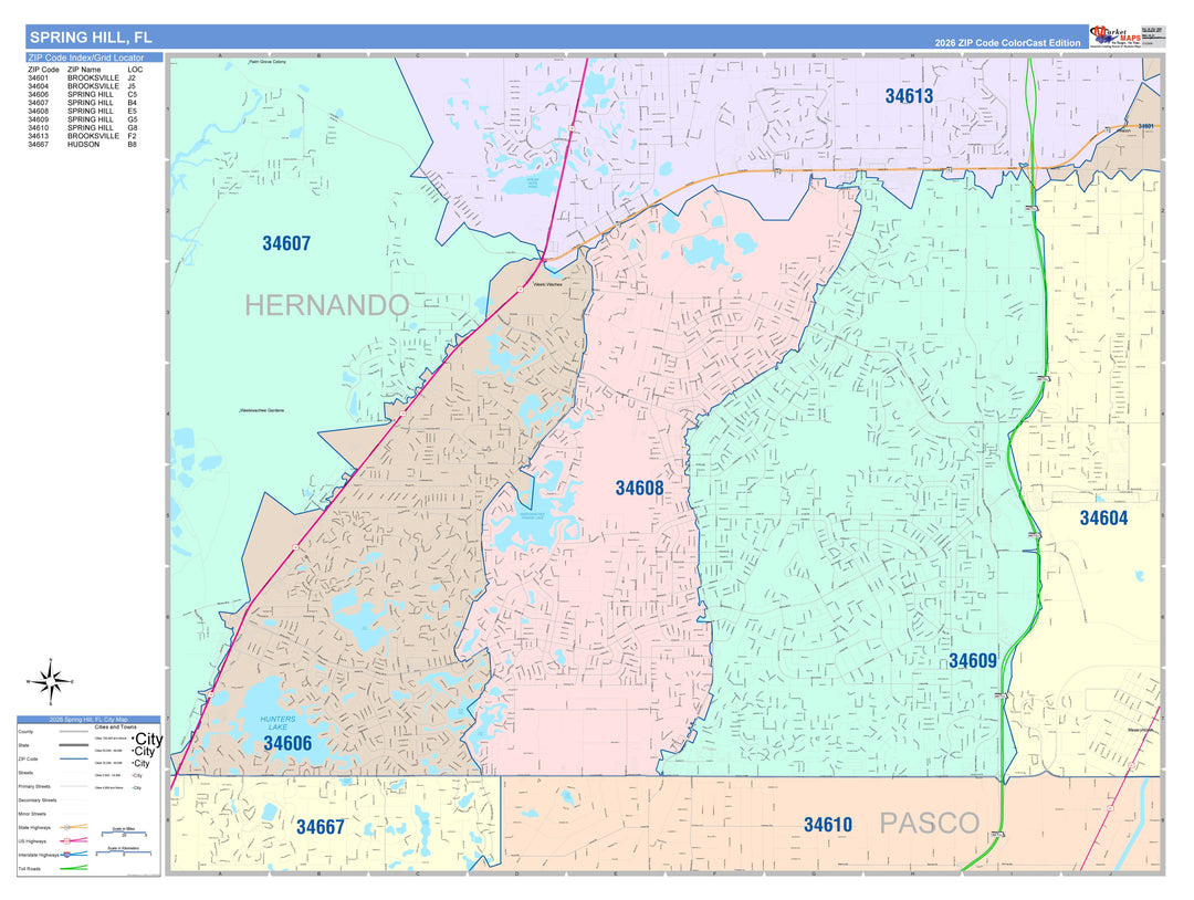 Color Cast Zip Code Style Wall Map of Spring Hill, FL
