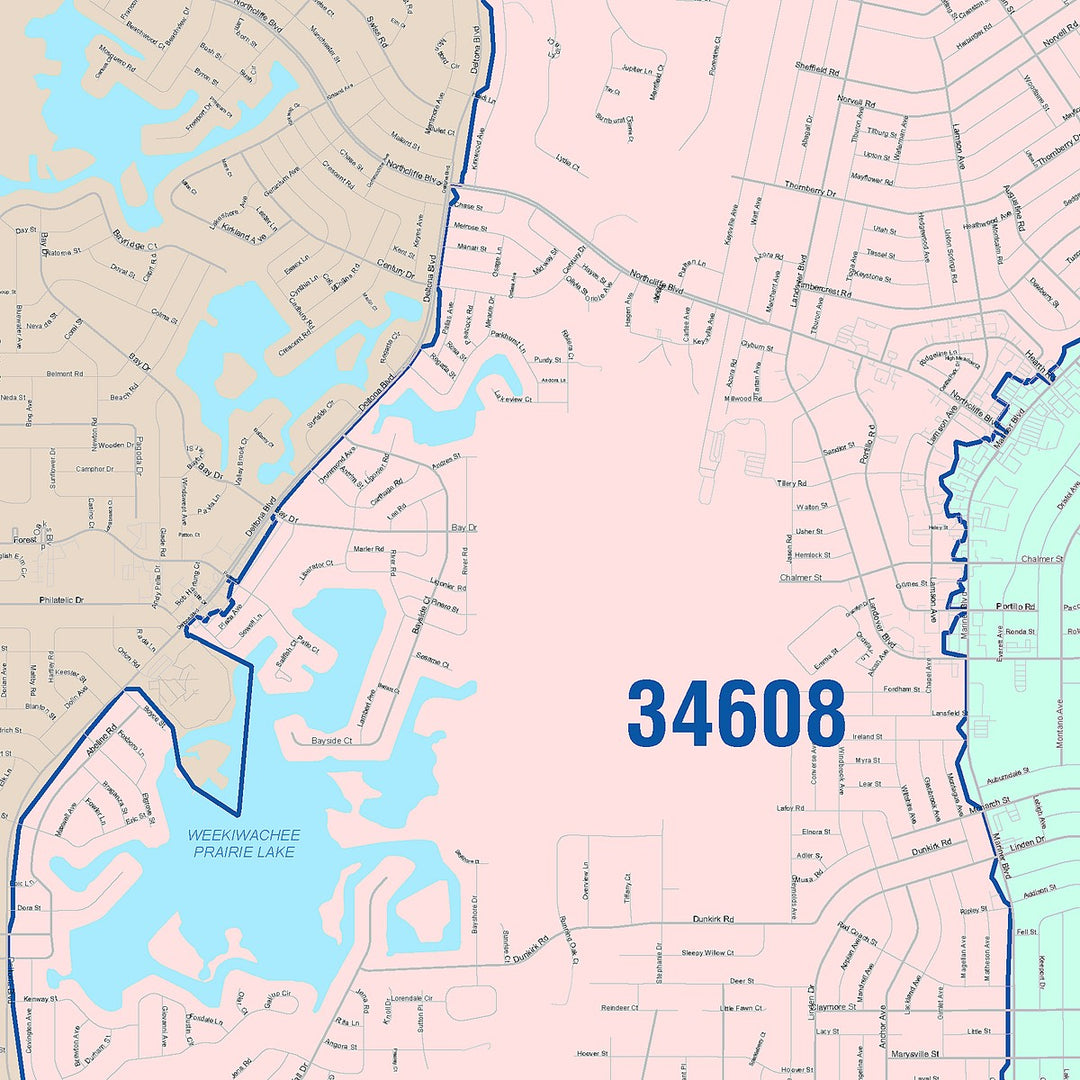 Color Cast Zip Code Style Wall Map of Spring Hill, FL