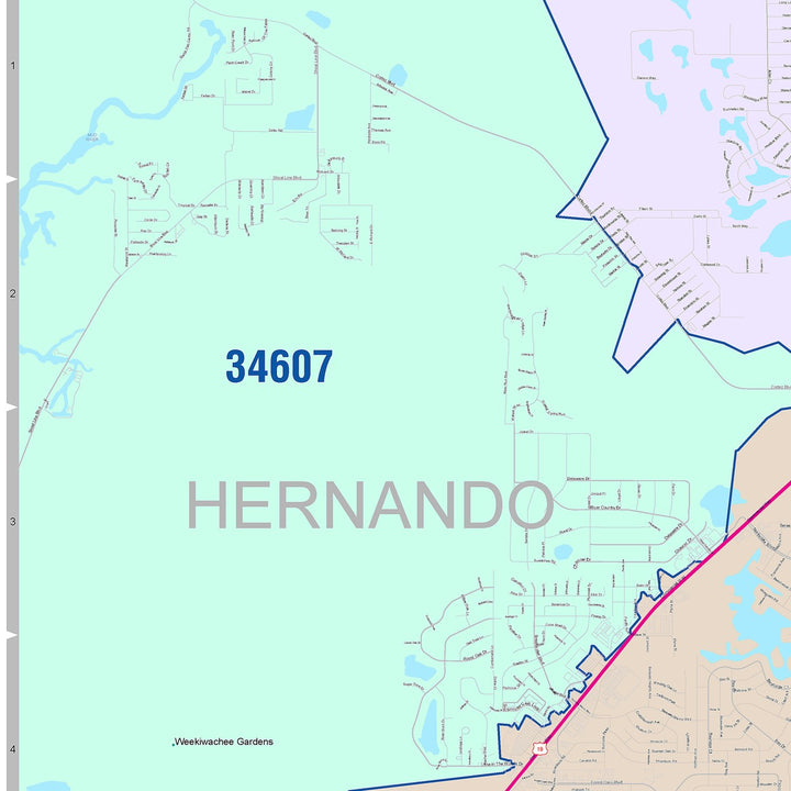 Color Cast Zip Code Style Wall Map of Spring Hill, FL