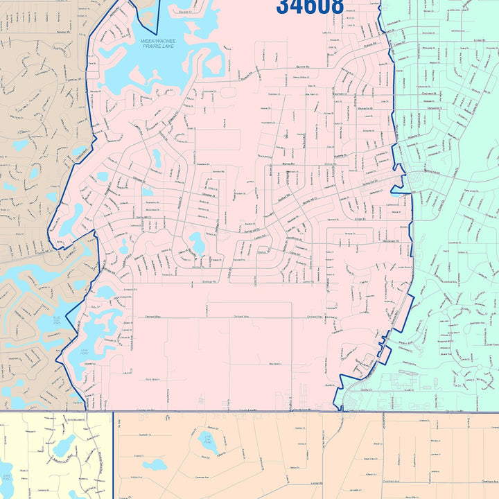 Color Cast Zip Code Style Wall Map of Spring Hill, FL