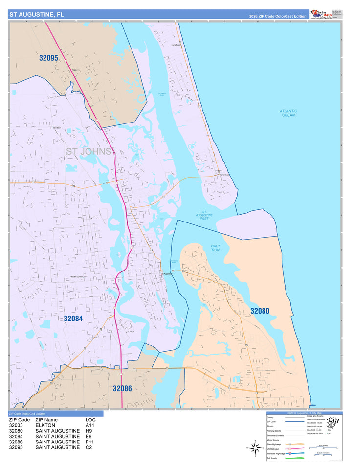 Color Cast Zip Code Style Wall Map of St. Augustine, FL