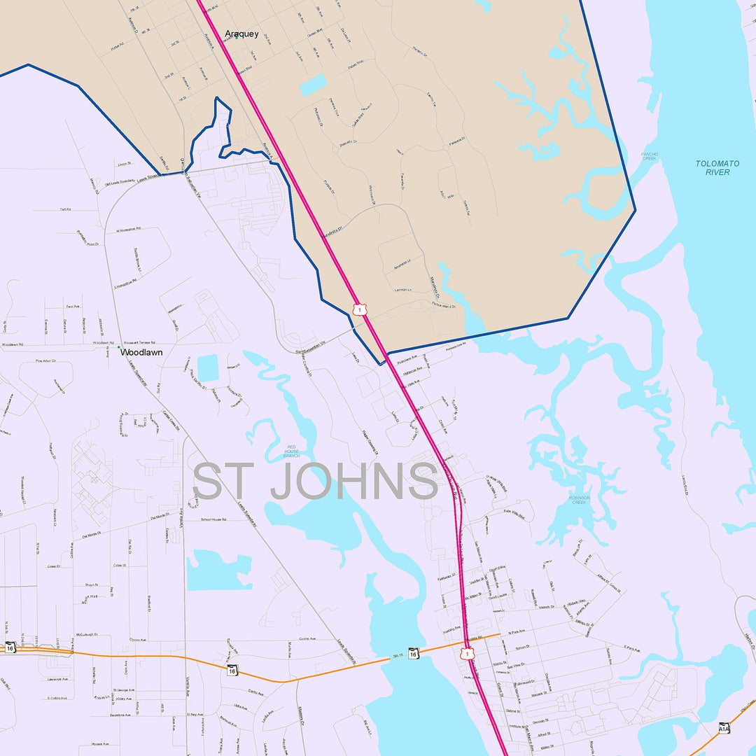 Color Cast Zip Code Style Wall Map of St. Augustine, FL