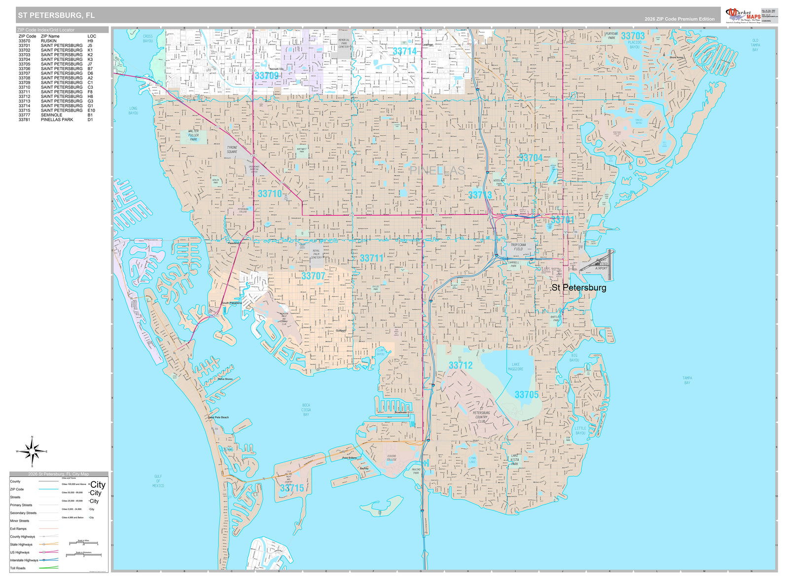 Premium Style Wall Map of St. Petersburg FL.