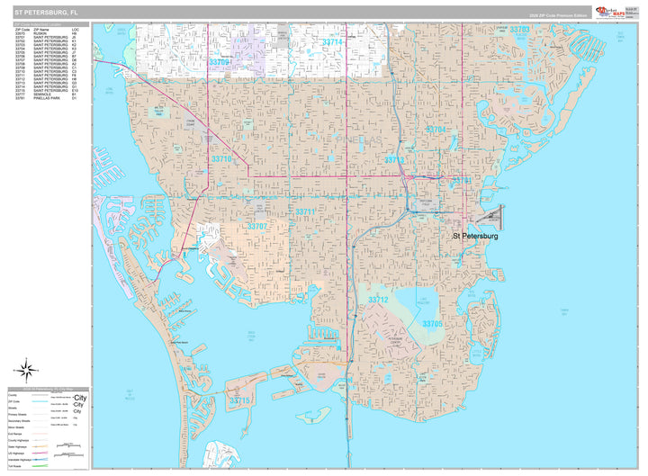 Premium Style Wall Map of St. Petersburg FL.