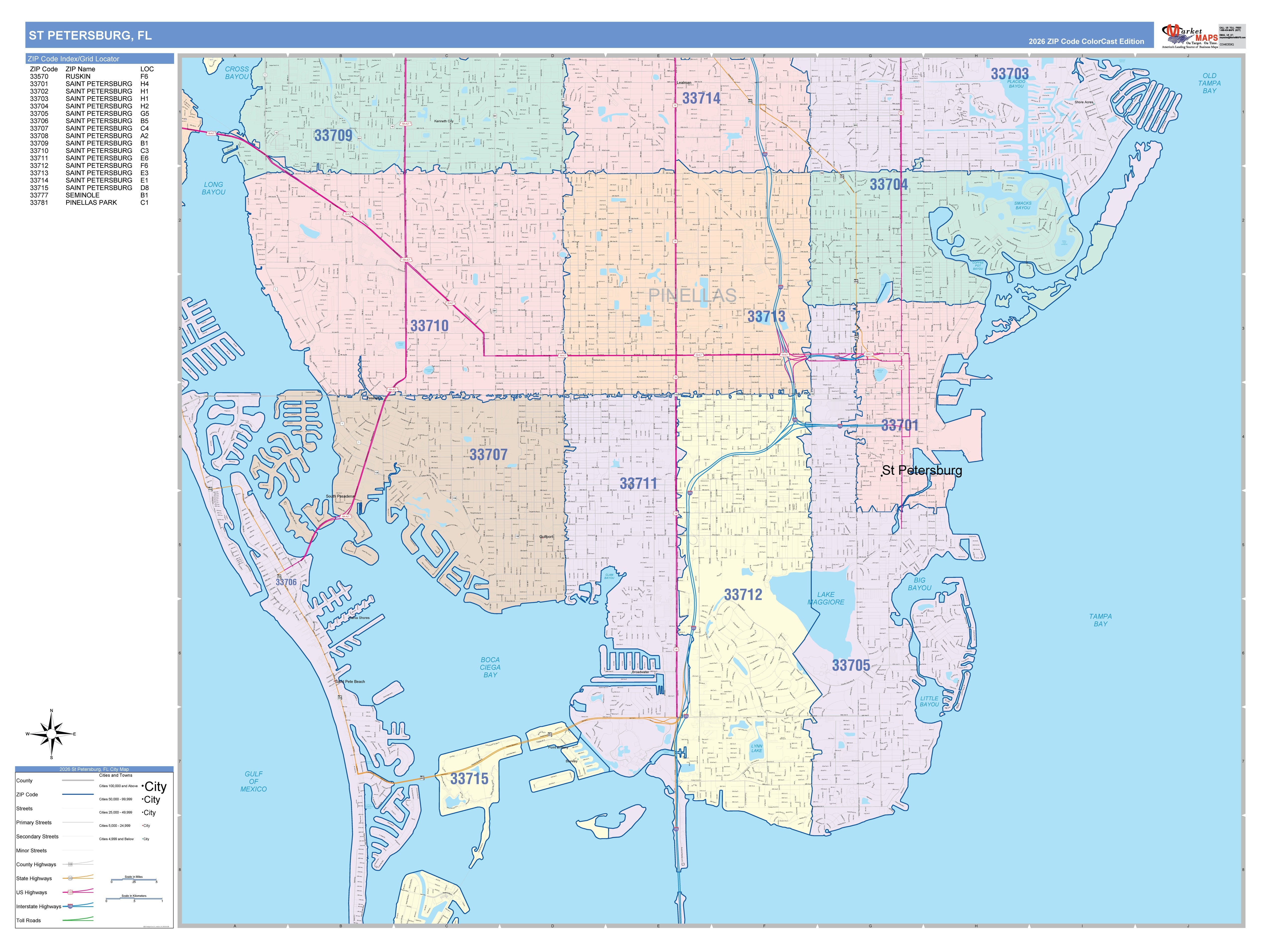 Color Cast Zip Code Style Wall Map of St. Petersburg, FL