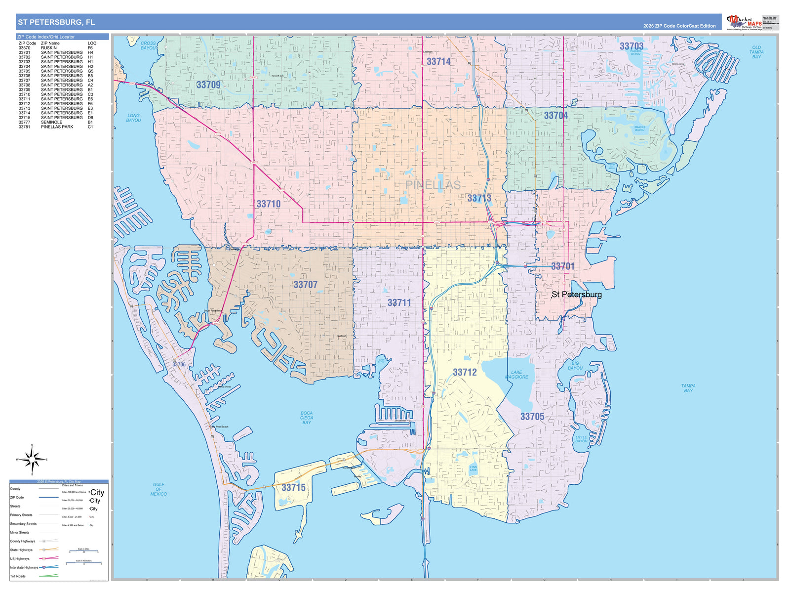 Color Cast Zip Code Style Wall Map of St. Petersburg FL