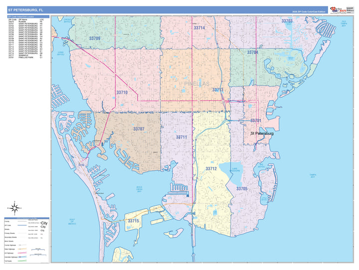 Color Cast Zip Code Style Wall Map of St. Petersburg FL