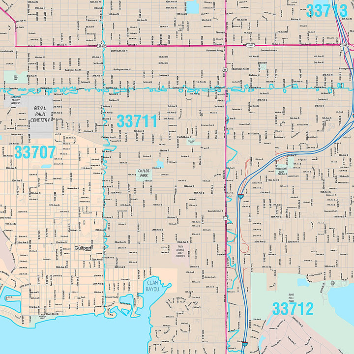 Premium Style Wall Map of St. Petersburg FL.