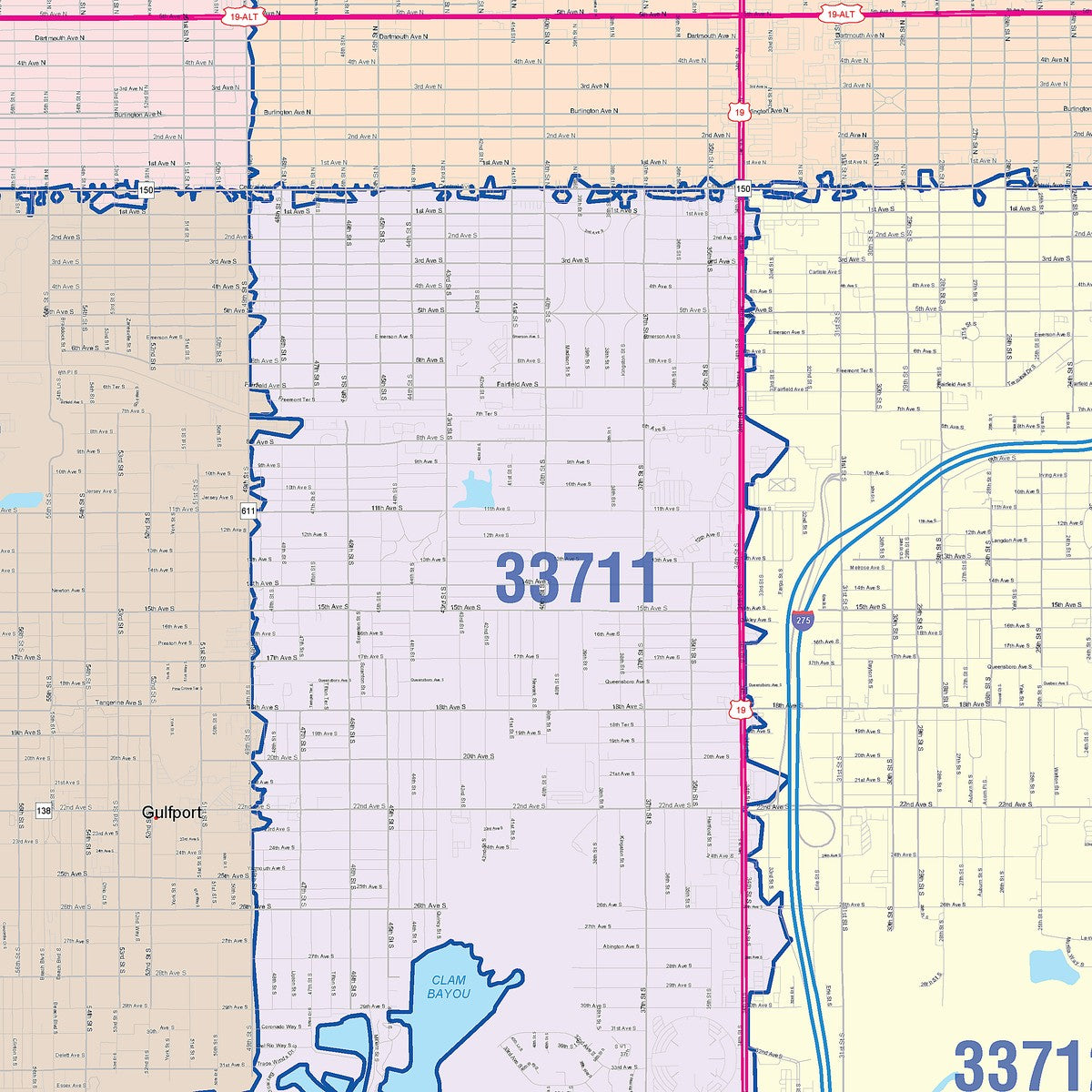 Color Cast Zip Code Style Wall Map of St. Petersburg, FL