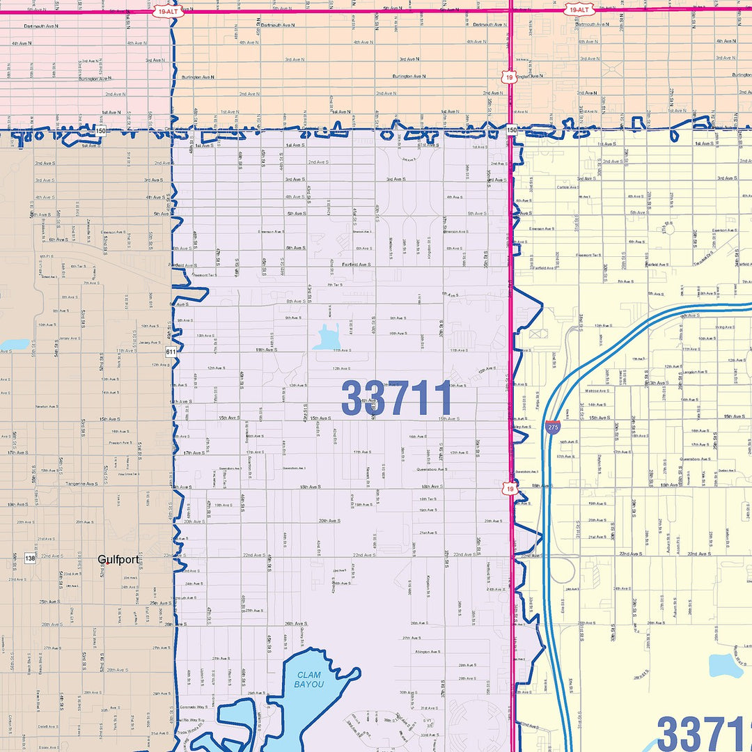 Color Cast Zip Code Style Wall Map of St. Petersburg FL