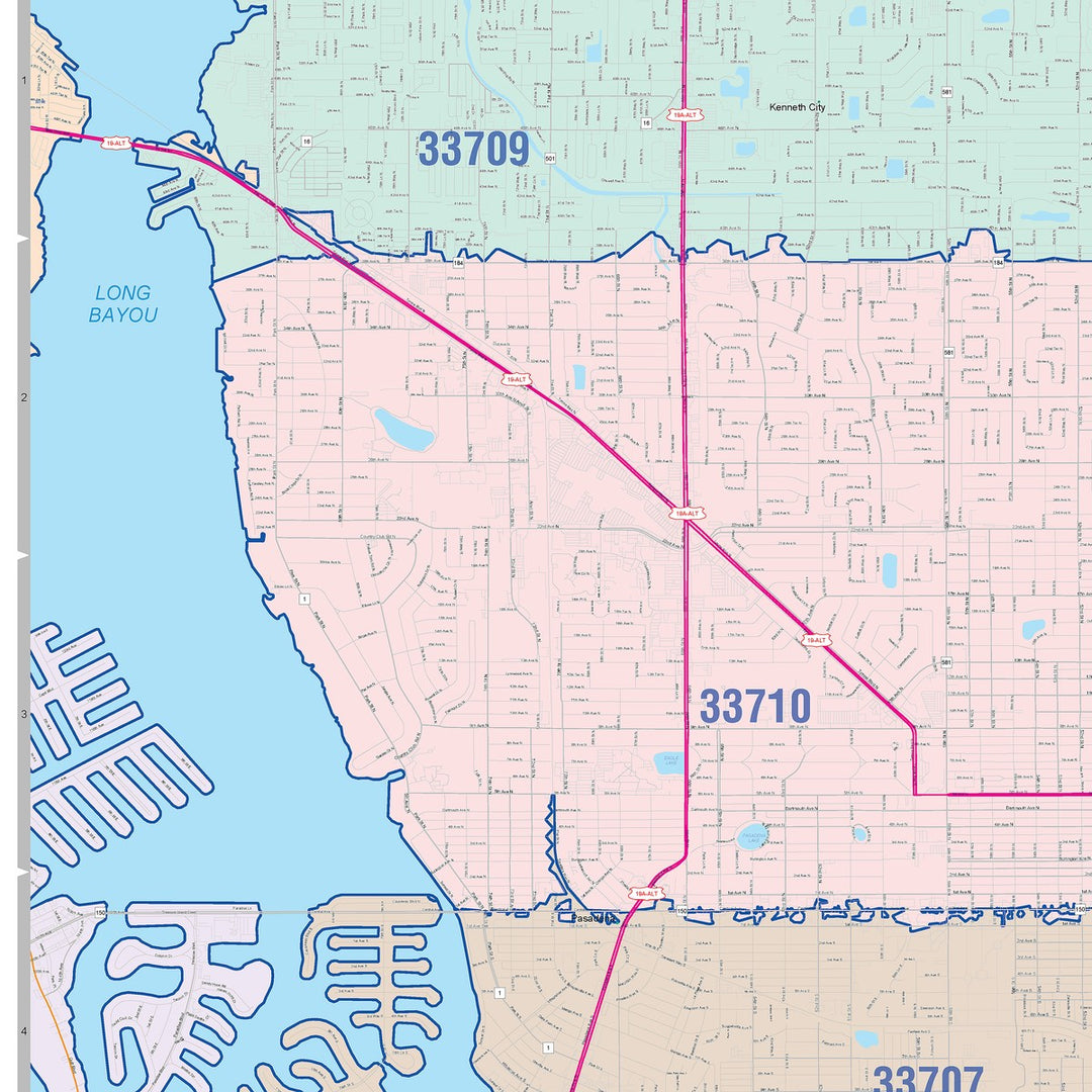Color Cast Zip Code Style Wall Map of St. Petersburg FL