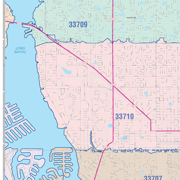 Color Cast Zip Code Style Wall Map of St. Petersburg FL