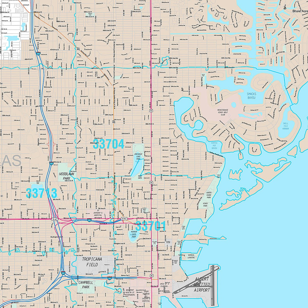 Premium Style Wall Map of St. Petersburg FL.