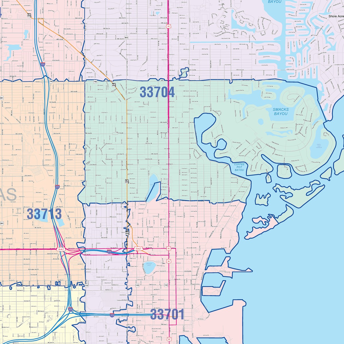 Color Cast Zip Code Style Wall Map of St. Petersburg, FL