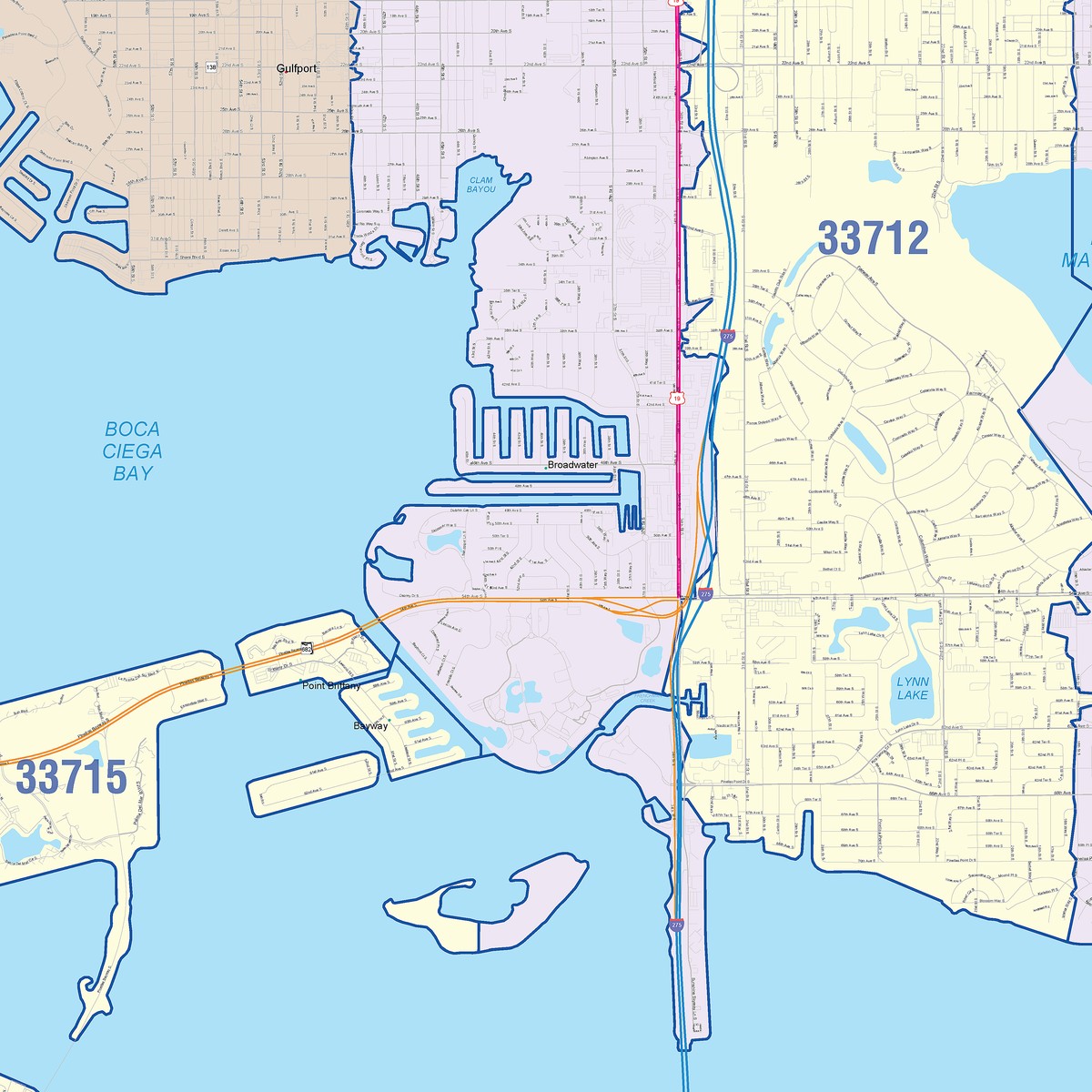 Color Cast Zip Code Style Wall Map of St. Petersburg, FL