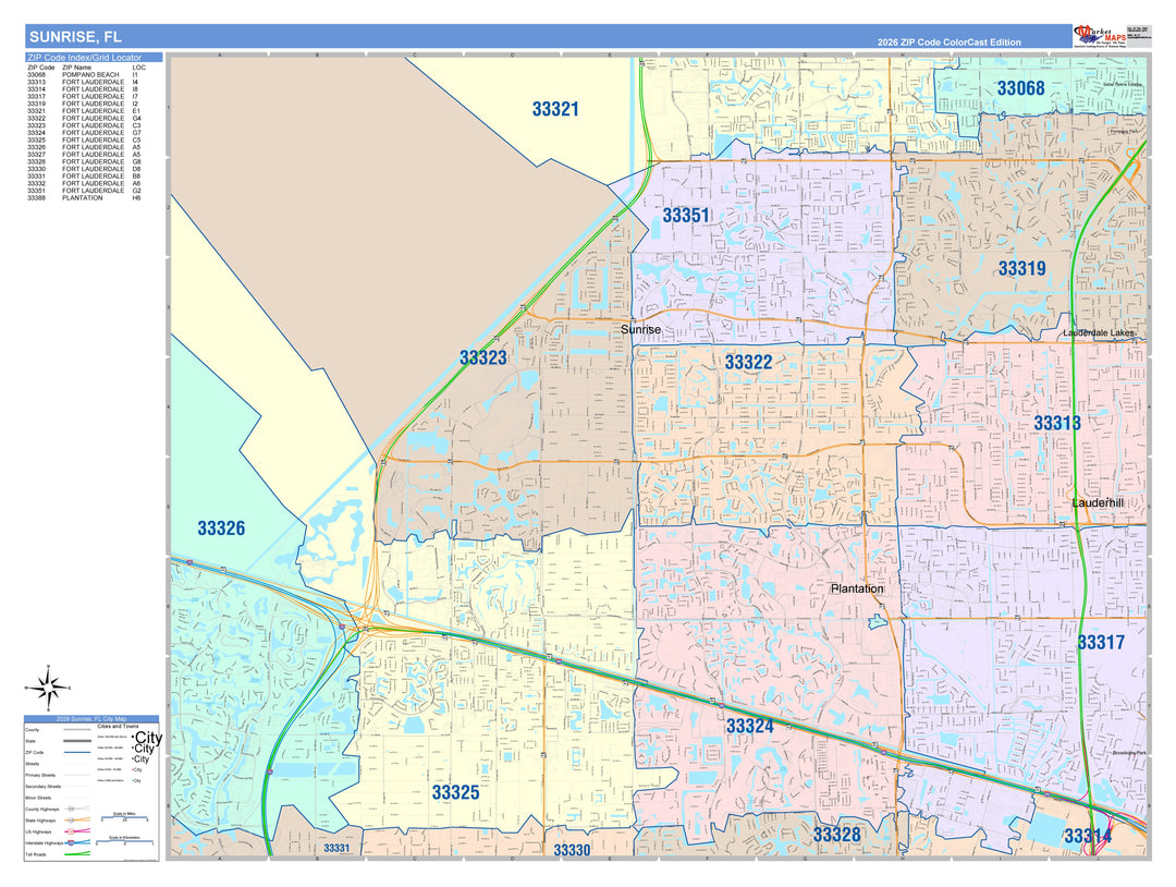 Color Cast Zip Code Style Wall Map of Sunrise, FL