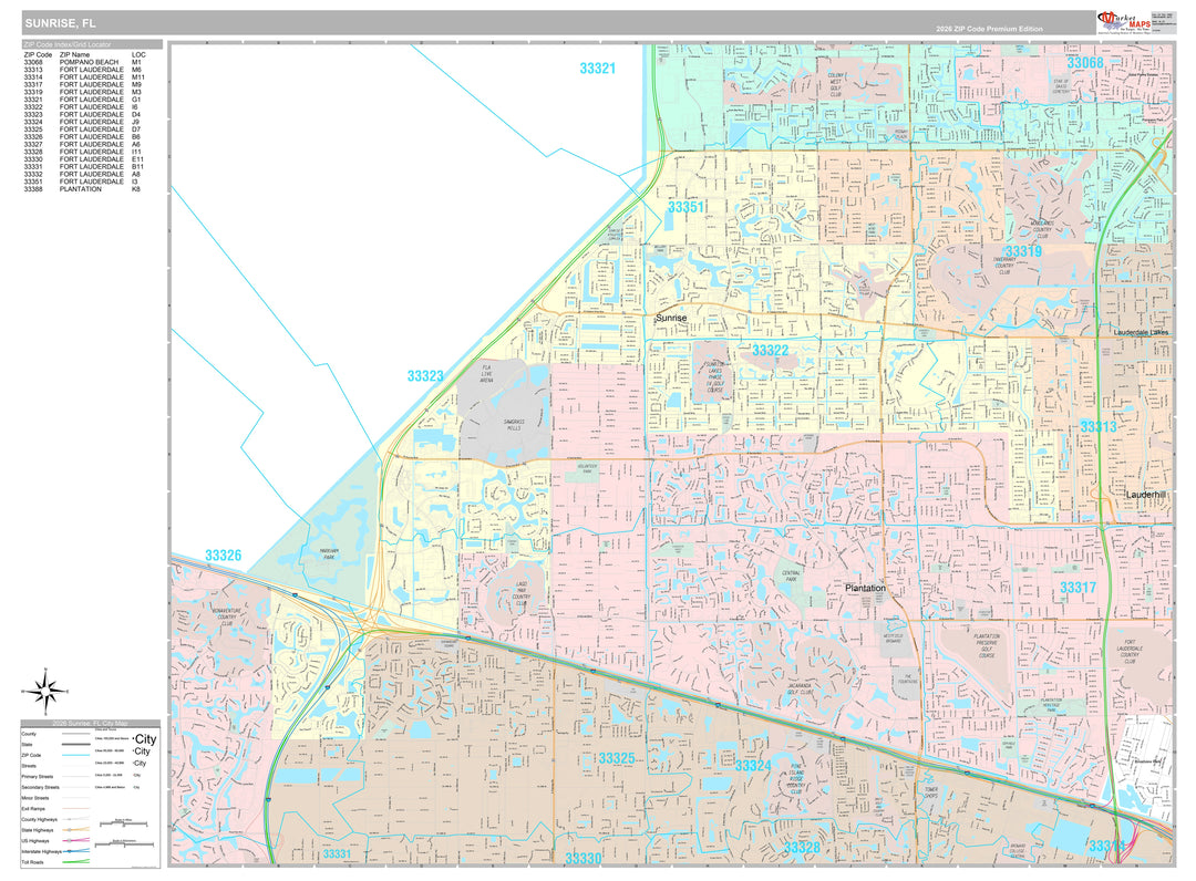 Premium Style Wall Map of Sunrise, FL