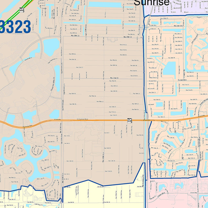 Color Cast Zip Code Style Wall Map of Sunrise, FL