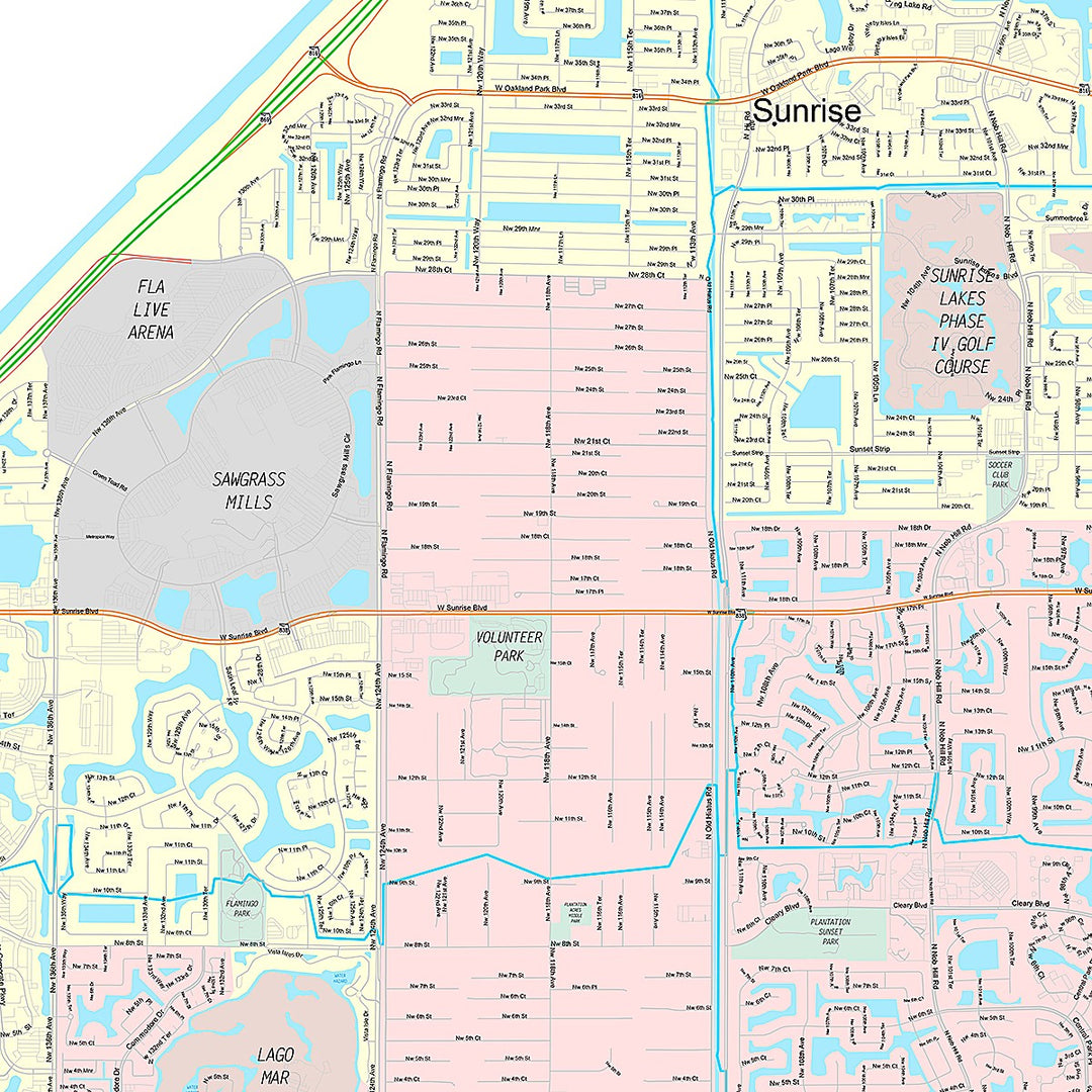 Premium Style Wall Map of Sunrise, FL