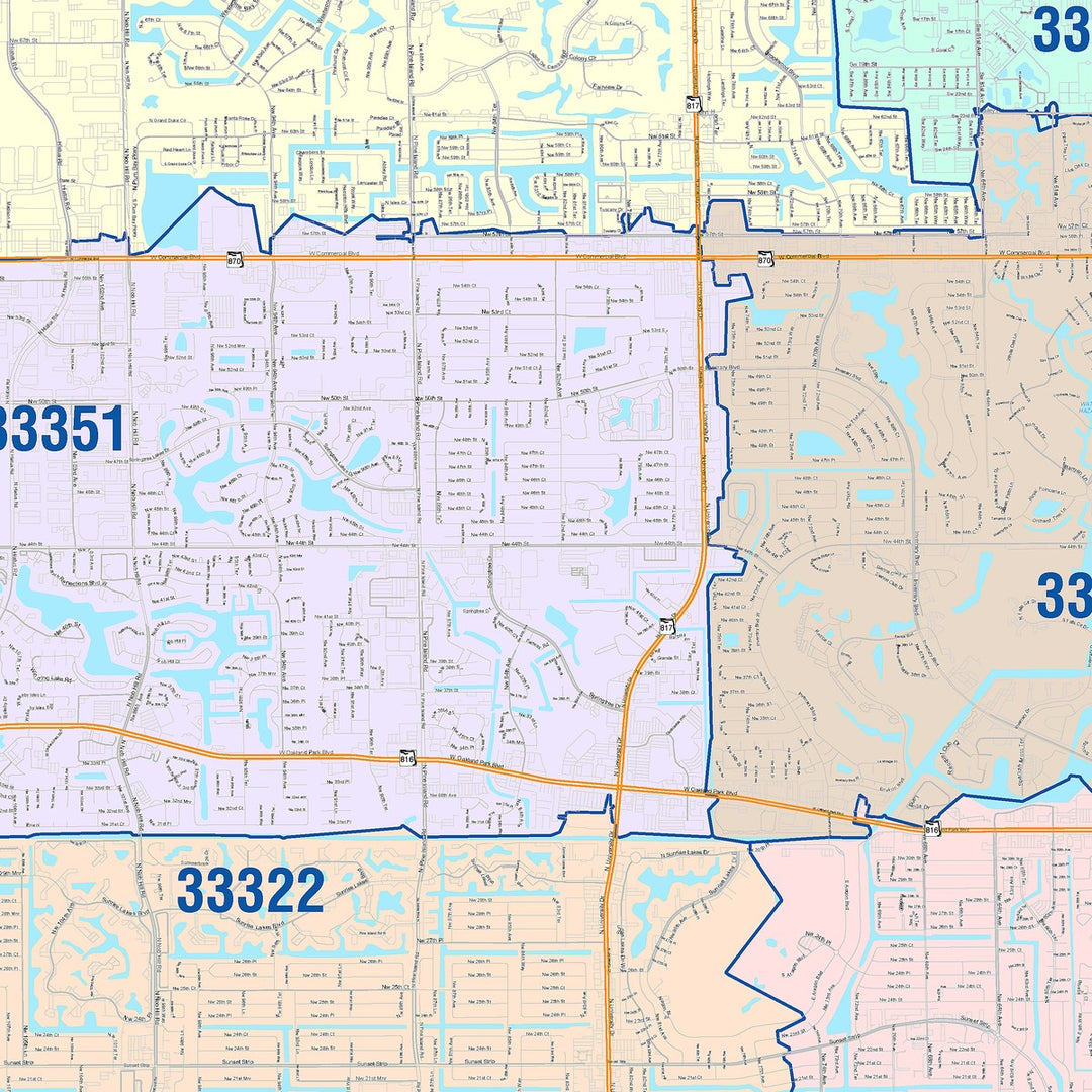 Color Cast Zip Code Style Wall Map of Sunrise, FL