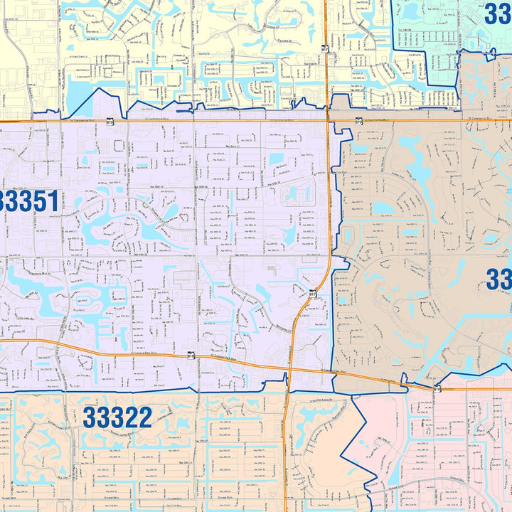 Color Cast Zip Code Style Wall Map of Sunrise, FL