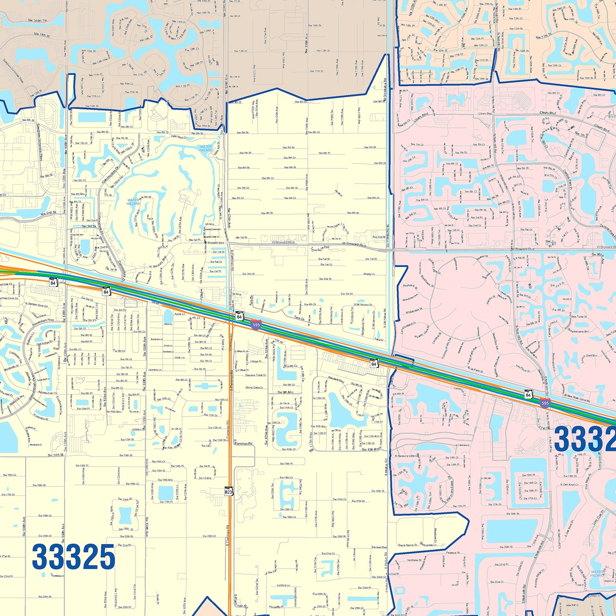 Color Cast Zip Code Style Wall Map of Sunrise, FL