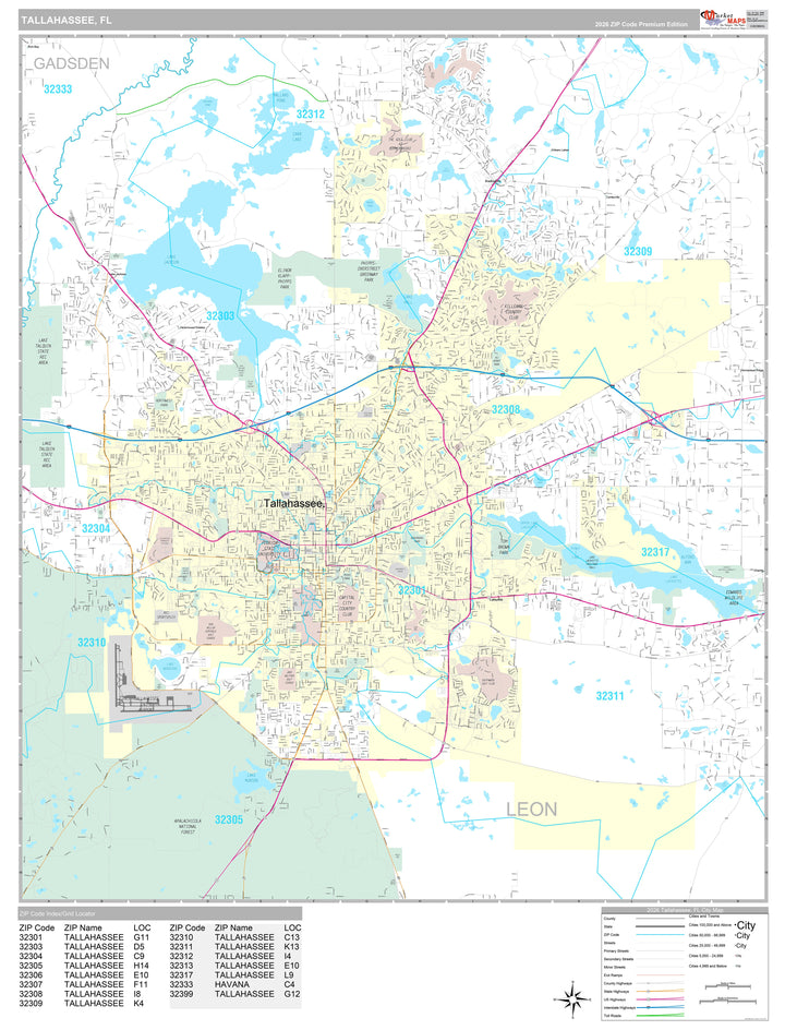 Premium Style Wall Map of Tallahassee FL.