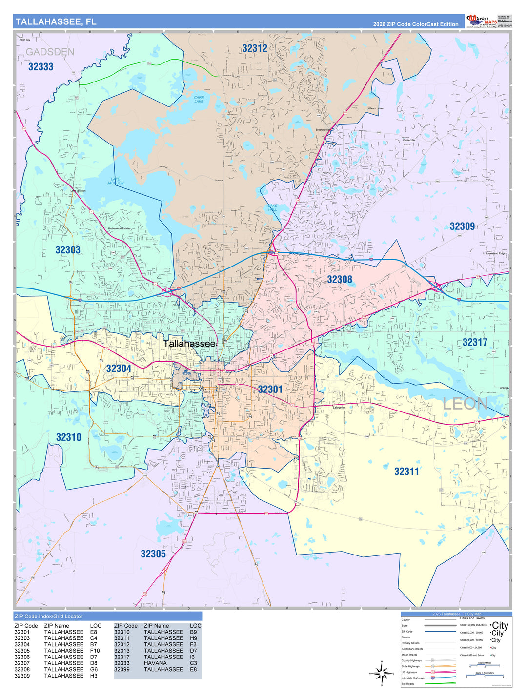 Color Cast Zip Code Style Wall Map of Tallahassee, FL